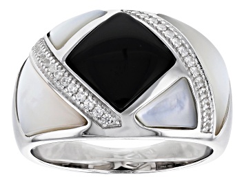 Picture of White South Sea Mother-of-Pearl, Black Agate, and White Zircon Rhodium Over Sterling Silver Ring