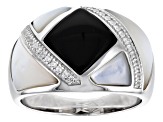 White South Sea Mother-of-Pearl, Black Agate, and White Zircon Rhodium Over Sterling Silver Ring