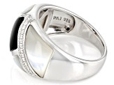 White South Sea Mother-of-Pearl, Black Agate, and White Zircon Rhodium Over Sterling Silver Ring