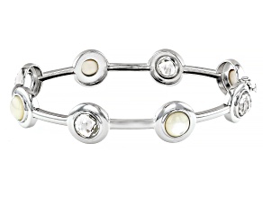 White Mother-of-Pearl and White Crystal Quartz Rhodium Over Sterling Silver Bangle Bracelet