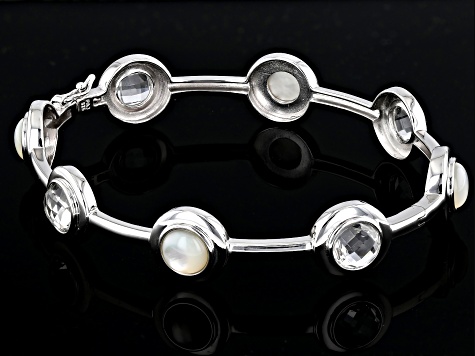 White Mother-of-Pearl and White Crystal Quartz Rhodium Over Sterling Silver Bangle Bracelet