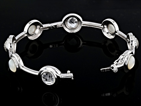 White Mother-of-Pearl and White Crystal Quartz Rhodium Over Sterling Silver Bangle Bracelet