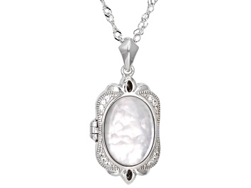 Picture of White Mother-of-Pearl Doublet with White Zircon Rhodium Over Sterling Silver Locket Pendant w/Chain