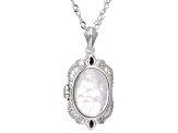 White Mother-of-Pearl Doublet with White Zircon Rhodium Over Sterling Silver Locket Pendant w/Chain