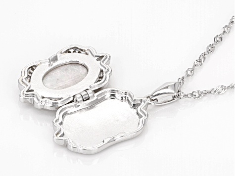 White Mother-of-Pearl Doublet with White Zircon Rhodium Over Sterling Silver Locket Pendant w/Chain