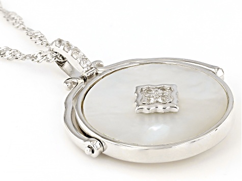 White Mother-of-Pearl and White Zircon Rhodium Over Sterling Silver Pendant with Chain