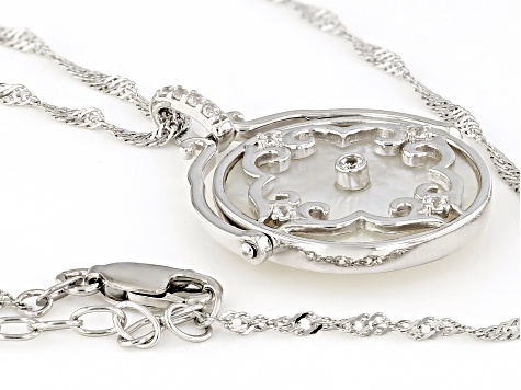 White Mother-of-Pearl and White Zircon Rhodium Over Sterling Silver Pendant with Chain
