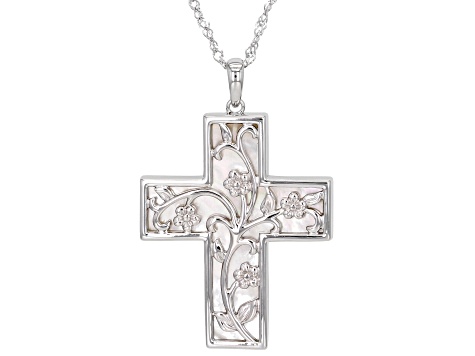 White Mother-of-Pearl Rhodium Over Sterling Silver Cross Pendant with Chain