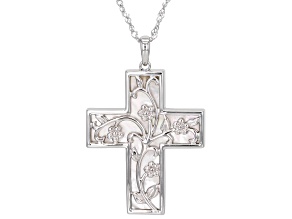 White Mother-of-Pearl Rhodium Over Sterling Silver Cross Pendant with Chain