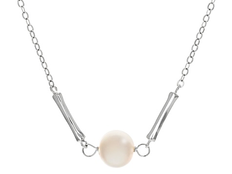 White Cultured Freshwater Pearl Rhodium Over Sterling Silver Station Necklace