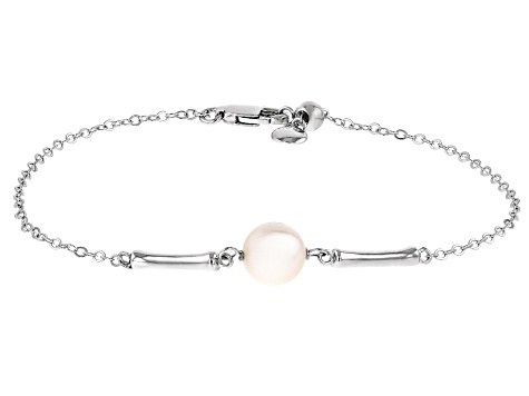 White Cultured Freshwater Pearl with White Zircon Rhodium Over Sterling Silver Bracelet