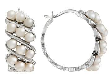 Picture of White Cultured Freshwater Pearl Rhodium Over Sterling Silver Hoop Earrings