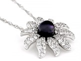 Black Cultured Freshwater Pearl and White Zircon Rhodium Over Sterling Silver Pendant With Chain
