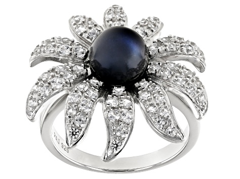 Black Cultured Freshwater Pearl and White Zircon Rhodium Over Sterling Silver Flower Ring