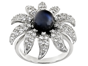 Black Cultured Freshwater Pearl and White Zircon Rhodium Over Sterling Silver Flower Ring