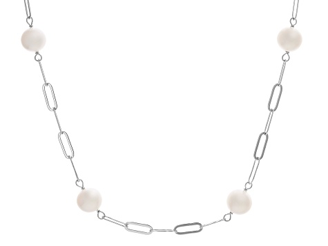 White Cultured Freshwater Pearl Rhodium Over Sterling Silver Station Necklace