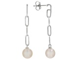 White Cultured Freshwater Pearl Rhodium Over Sterling Silver Paperclip Chain Earrings