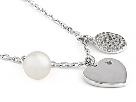 White Cultured Freshwater Pearl and White Zircon Rhodium Over Sterling Silver Necklace