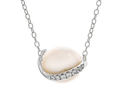 White Cultured Freshwater Pearl and White Zircon Rhodium Over Sterling Silver Necklace