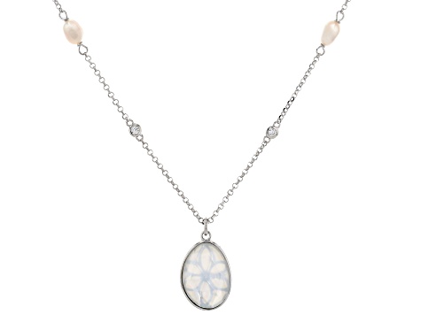 White Cultured Freshwater Pearl, White Mother-of-Pearl & White Zircon Rhodium Over Silver Necklace