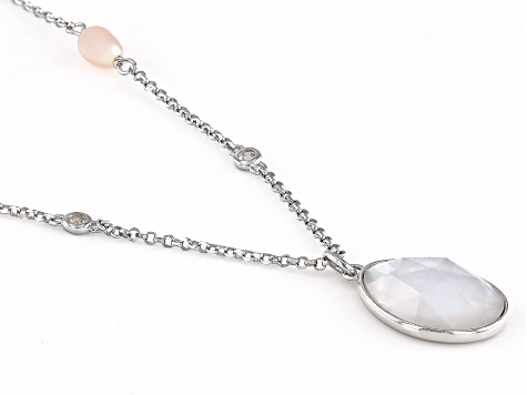 White Cultured Freshwater Pearl, White Mother-of-Pearl & White Zircon Rhodium Over Silver Necklace