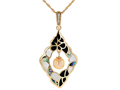 Cultured South Sea Pearl, Mother-of-Pearl, Onyx, Abalone, & Zircon 18k Gold Over Silver 
Pendant