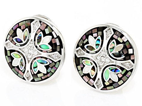 South Sea and Tahitian Mother-of-Pearl, with Abalone, and White Zircon Rhodium Over Silver Earrings