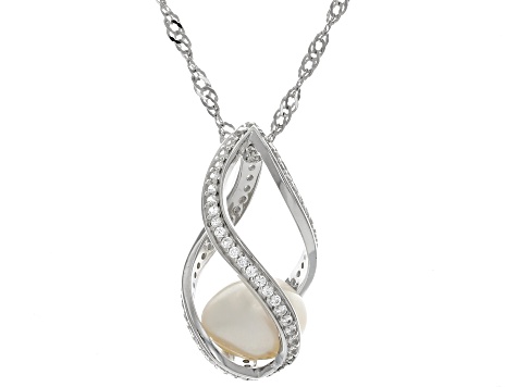 White Cultured Freshwater Pearl and White Zircon Rhodium Over Sterling Silver Pendant w/Chain