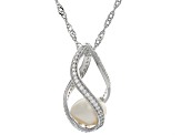 White Cultured Freshwater Pearl and White Zircon Rhodium Over Sterling Silver Pendant w/Chain