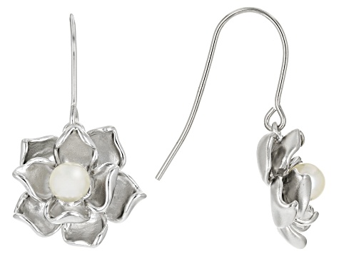 White Cultured Freshwater Pearl Rhodium Over Sterling Silver Flower Drop Earrings