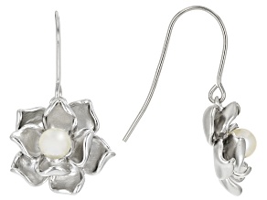 White Cultured Freshwater Pearl Rhodium Over Sterling Silver Flower Drop Earrings