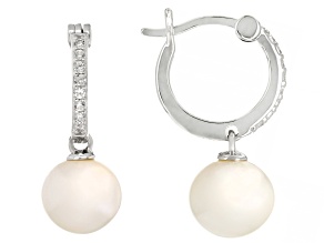 White Freshwater Pearl and White Zircon Rhodium Over Sterling Silver Earrings