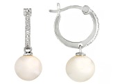 White Freshwater Pearl and White Zircon Rhodium Over Sterling Silver Earrings