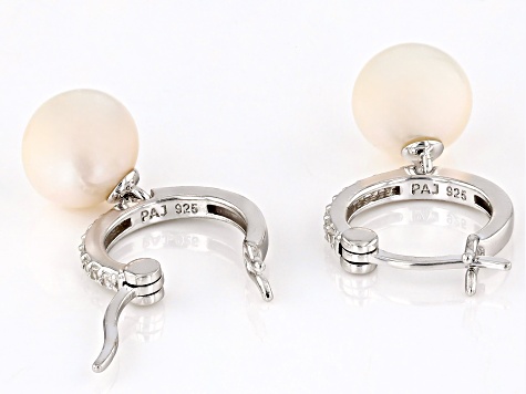 White Freshwater Pearl and White Zircon Rhodium Over Sterling Silver Earrings