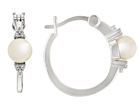 White Cultured Freshwater Pearl and White Zircon Rhodium Over Sterling Silver Hoop Earrings