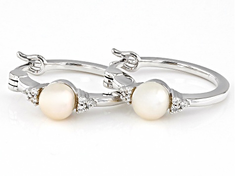 White Cultured Freshwater Pearl and White Zircon Rhodium Over Sterling Silver Hoop Earrings