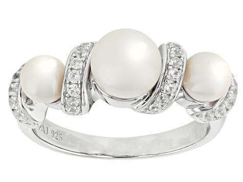 White Cultured Freshwater Pearl and White Zircon Rhodium Over Sterling Silver Ring