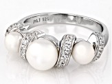 White Cultured Freshwater Pearl and White Zircon Rhodium Over Sterling Silver Ring