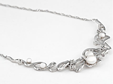 White Cultured Freshwater Pearl and White Zircon Rhodium Over Sterling Silver Necklace