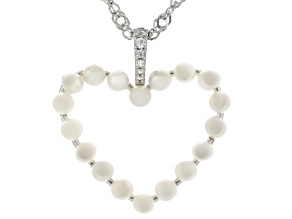 White Cultured Freshwater Pearl and White Zircon Rhodium Over Sterling Silver Heart Pendant