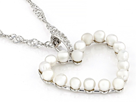 White Cultured Freshwater Pearl and White Zircon Rhodium Over Sterling Silver Heart Pendant