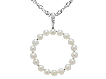 Picture of White Cultured Freshwater Pearl and White Zircon Rhodium Over Sterling Silver Circle Pendant