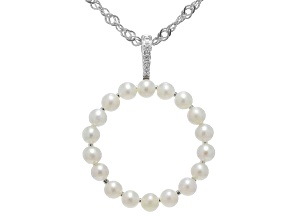 White Cultured Freshwater Pearl and White Zircon Rhodium Over Sterling Silver Circle Pendant