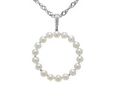 White Cultured Freshwater Pearl and White Zircon Rhodium Over Sterling Silver Circle Pendant