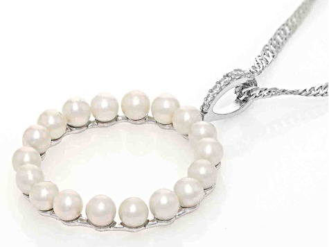 White Cultured Freshwater Pearl and White Zircon Rhodium Over Sterling Silver Circle Pendant