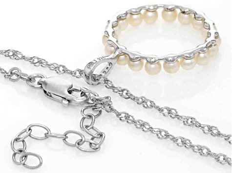 White Cultured Freshwater Pearl and White Zircon Rhodium Over Sterling Silver Circle Pendant