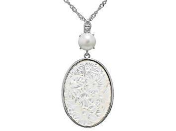Picture of White Mother-of-Pearl, White Cultured Freshwater Pearl and White Zircon Rhodium Over Silver Necklace