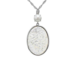 White Mother-of-Pearl, White Cultured Freshwater Pearl and White Zircon Rhodium Over Silver Necklace