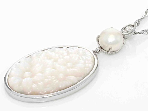 White Mother-of-Pearl, White Cultured Freshwater Pearl and White Zircon Rhodium Over Silver Necklace