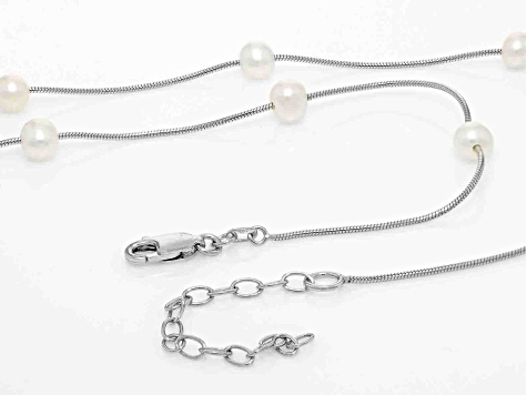 White Cultured Freshwater Pearl Rhodium Over Sterling Silver Station Necklace